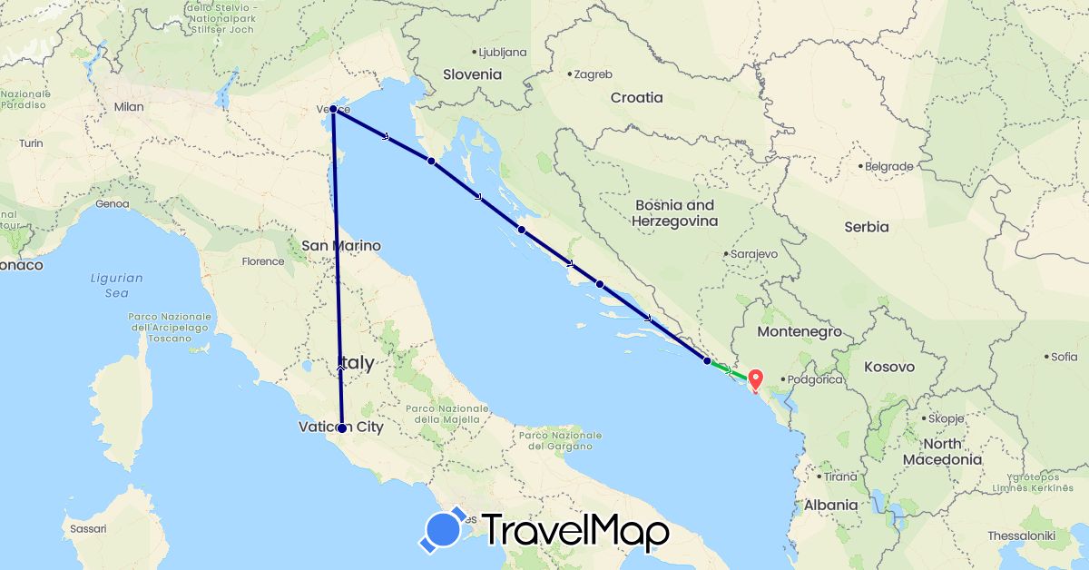 TravelMap itinerary: driving, bus, hiking in Croatia, Italy, Montenegro (Europe)